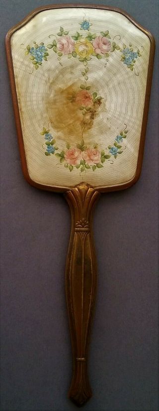Vintage Handheld Vanity Mirror Ornate Handle Floral Backed
