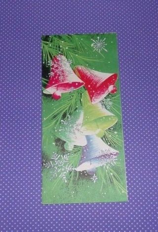 Vtg Christmas Card Red Blue Green Bells Silver Glitter Snowflakes Date 1965 149