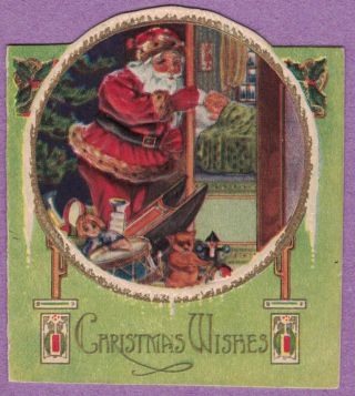 0817u Vtg Christmas Wishes Card Santa Claus Watches Sleeping Child Toys Bear