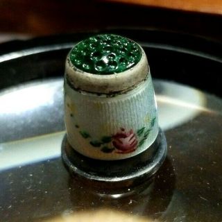 Vintage Green Glass Top Enameled Sterling Silver Thimble W/ Roses Antique Size 6