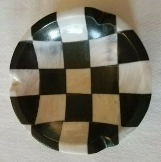 Vintage Mcm Black White Onyx Marble Checkered 4 " Round 3 Cigarette Slot Ashtray