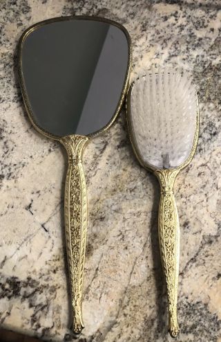 Vintage Vanity Set Hairbrush And Hand Mirror Dresser Gold with floral motif EUC 2