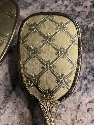 Vintage Vanity Set Hairbrush And Hand Mirror Dresser Gold with floral motif EUC 3