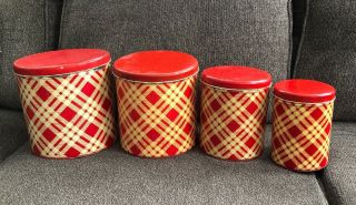 Vintage 4 Plaid Tin Metal Red/cream Kitchen Canister Set Cannister 1930s 1940s