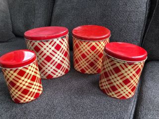 Vintage 4 Plaid Tin Metal Red/Cream Kitchen Canister Set Cannister 1930s 1940s 2