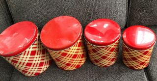 Vintage 4 Plaid Tin Metal Red/Cream Kitchen Canister Set Cannister 1930s 1940s 3