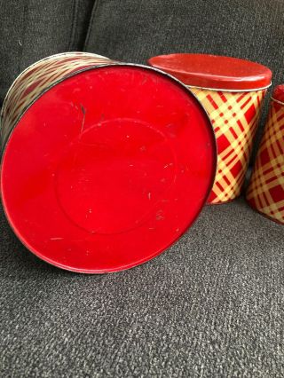 Vintage 4 Plaid Tin Metal Red/Cream Kitchen Canister Set Cannister 1930s 1940s 4