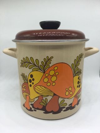 Vintage Mushroom Steamer Pot Enamel Retro W/ Basket And Lid