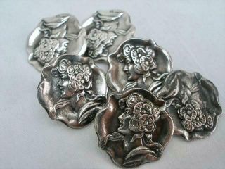 Set Of Six Art Nouveau Hallmarked Silver Buttons By William Henry Leather 1902.