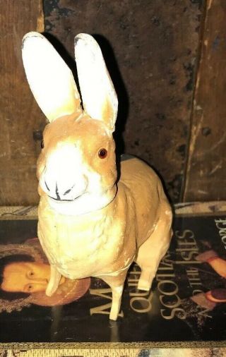 Antique German Paper Mache Rabbit Bunny Candy Container Glass Eyes Tall Ears 2