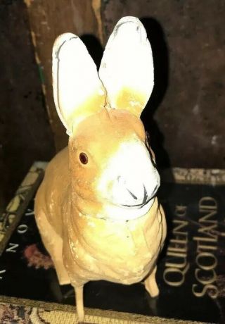 Antique German Paper Mache Rabbit Bunny Candy Container Glass Eyes Tall Ears 7