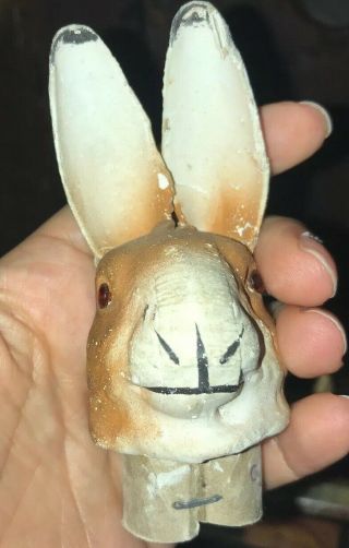Antique German Paper Mache Rabbit Bunny Candy Container Glass Eyes Tall Ears 8