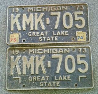 Vintage 1973 Michigan Great Lake State License Plate Kmk 705 Matching Pair Set