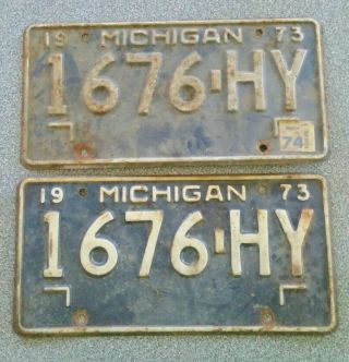 Vintage 1973 Michigan License Plate 1676 Hy Matching Pair Set