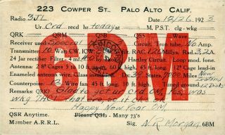 6bm N.  R.  Morgan Palo Alto,  California 1923 Vintage Ham Radio Qsl Card