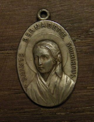 Antique French Religious Silvered Medal Pendant Saint Bernadette De Soubirous
