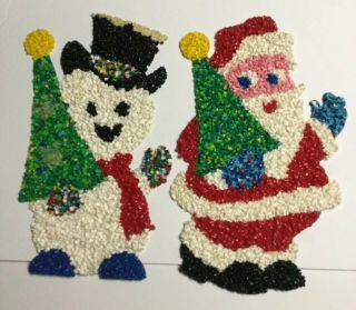 Vintage Christmas Santa & Snowman Melted Plastic Popcorn Decoration Wall/ Door - 1