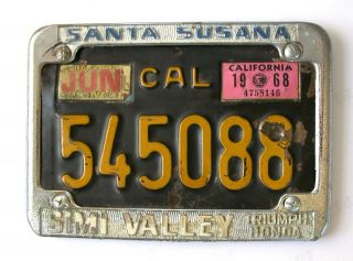 California Motorcycle License Plate & Metal Frame 1960s Santa Susana Simi Valley