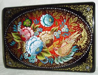 Russian Lacquer Box Kholui " Bouquet Of Roses And Bird " Miniature Hand Painted