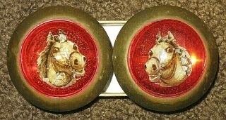 2 Large Antique Horse Bridle Rosettes - White Horse Head With Red Background