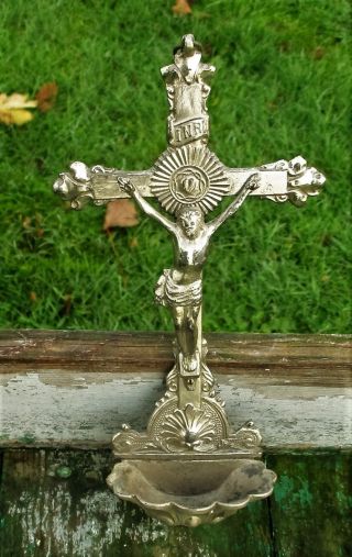 Vintage Silver Brass Holy Water Font Crucifix Cross Jesus Wall Hanging