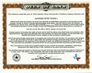 Texas Land Deed “own” A Piece Of Texas Novelty Gift,  Bonus