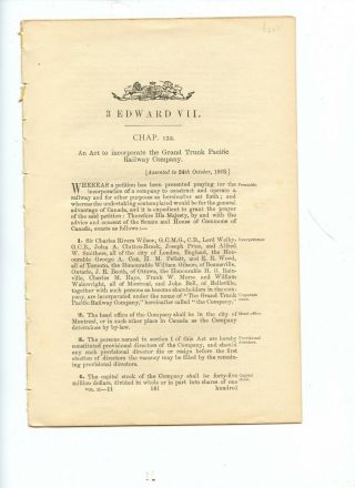 1903 Grand Trunk Railway Act To Incorporate Canadian Government Railroad Gtr