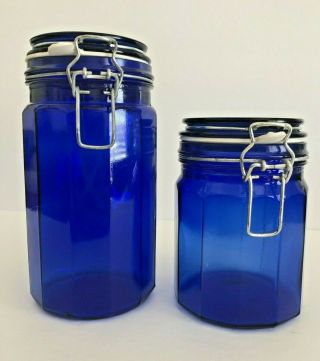 Vintage Pair Cobalt Blue Glass Storage Canisters Wire Bale Lids 8 " & 6 " Tall