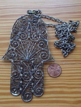Large Vintage Silver Filigree Hamsa Pendant Necklace - 3 X 5 Inches Unmarked