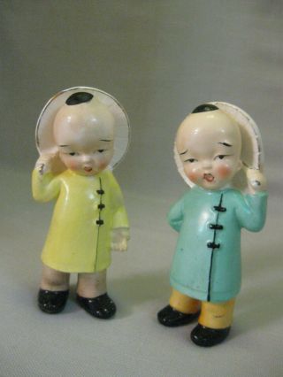 Asian Oriental Figurines Qty 2 Yellow Blue Coats Gold Trim Hand Painted 1960