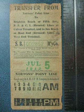 1912 Sea Beach Railway Brighton Beach Coney Island Nyc Trolley Transfer Ticket