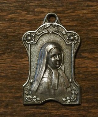 Antique Religious Silvered Medal Pendant Saint Bernadette Pray For Us