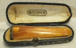 Antique Echt Bernstein Sbm Marbled Amber W/800 Silver Cigar Holder,  Leather Case