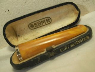 antique ECHT BERNSTEIN SBM MARBLED AMBER w/800 SILVER CIGAR HOLDER,  LEATHER CASE 2