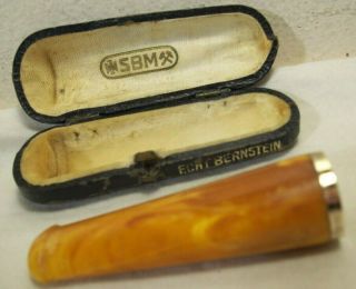 antique ECHT BERNSTEIN SBM MARBLED AMBER w/800 SILVER CIGAR HOLDER,  LEATHER CASE 3