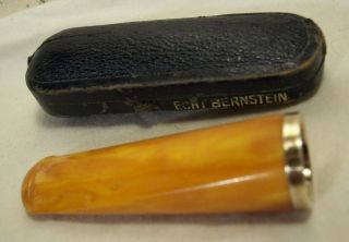 antique ECHT BERNSTEIN SBM MARBLED AMBER w/800 SILVER CIGAR HOLDER,  LEATHER CASE 4
