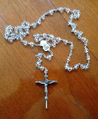 Vintage Sterling Silver Cut Glass Rosary Bead Necklace Cross Crucifix