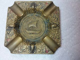 Bronze Art Deco Vintage/antique Ashtray Ship Labeled Corfue.  Made In Greece