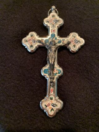 Antique Italian Micro Mosaic Cross Crucifix Roma Pendant 4”x 2.  5” Signed Stocker