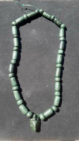 Mexican Maya Aztec Pre Columbian Style Green Stone Bead Jade Collar Face Pendant