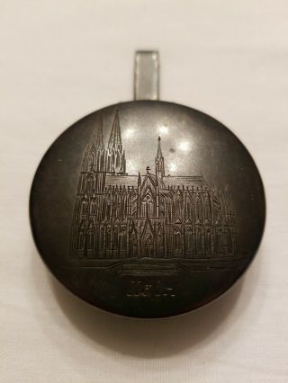 Vintage Portable Pocket Cigarette Ashtray German Silver Koln Cathedral Engraving