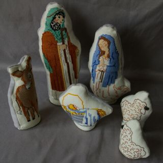 Nativity Scene Cross Stitch Christmas Handmade Plush Baby Jesus Mary Joseph
