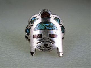 Old Navajo Stamped Sterling Silver & Turquoise Coral Kachina Mask Ring Sz 7