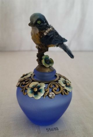 Thriftchi Blue Glass Perfume Bottle W Enameled Bird Design