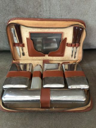 Vintage Mens Vanity Travel Grooming Toiletry Kit Zippered Leather Case Antique