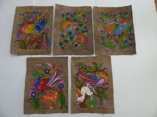 5 Amate Bark Painting Set Mexican Hanging Folk Art Hand Painted