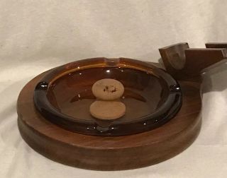 Vtg Walnut Wood Antique Amber Glass Ashtray With Pipe Stand Holder
