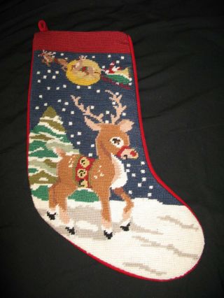 Vintage 17” Wool Needlepoint Christmas Stocking – Santa Reindeer Moon – Great