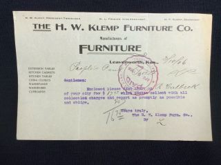 6.  10a 1906 Hw Klemp Furniture Co Leavenworth Ks Kitchen Cabinets Letterhead