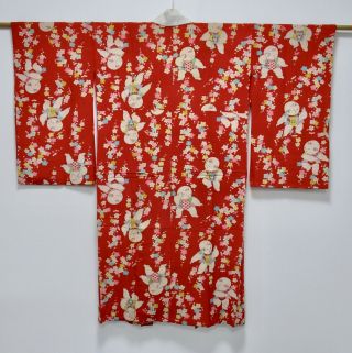 Japanese Kimono Silk Antique Juban / Red / Karako & Flower / Silk Fabric /379